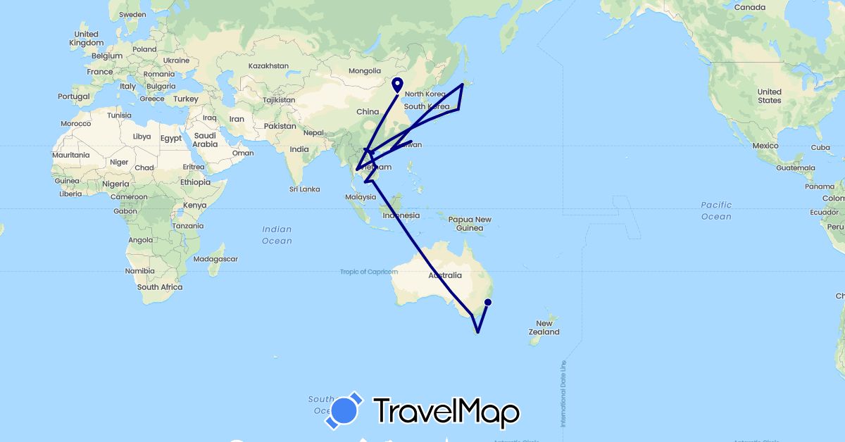 TravelMap itinerary: driving in Australia, Japan, Thailand, Taiwan, Vietnam (Asia, Oceania)